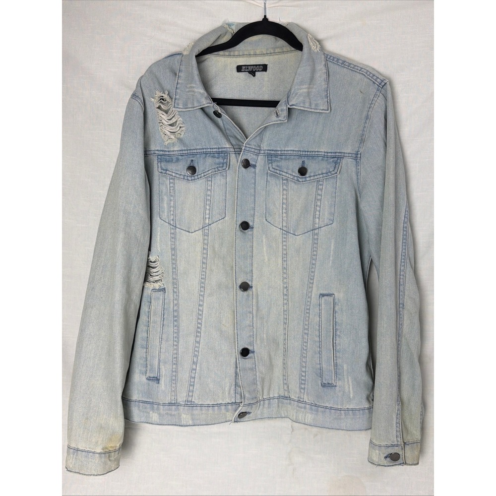 Elwood Mens Distressed Denim Jacket Light Wash Ripped Trucker Large